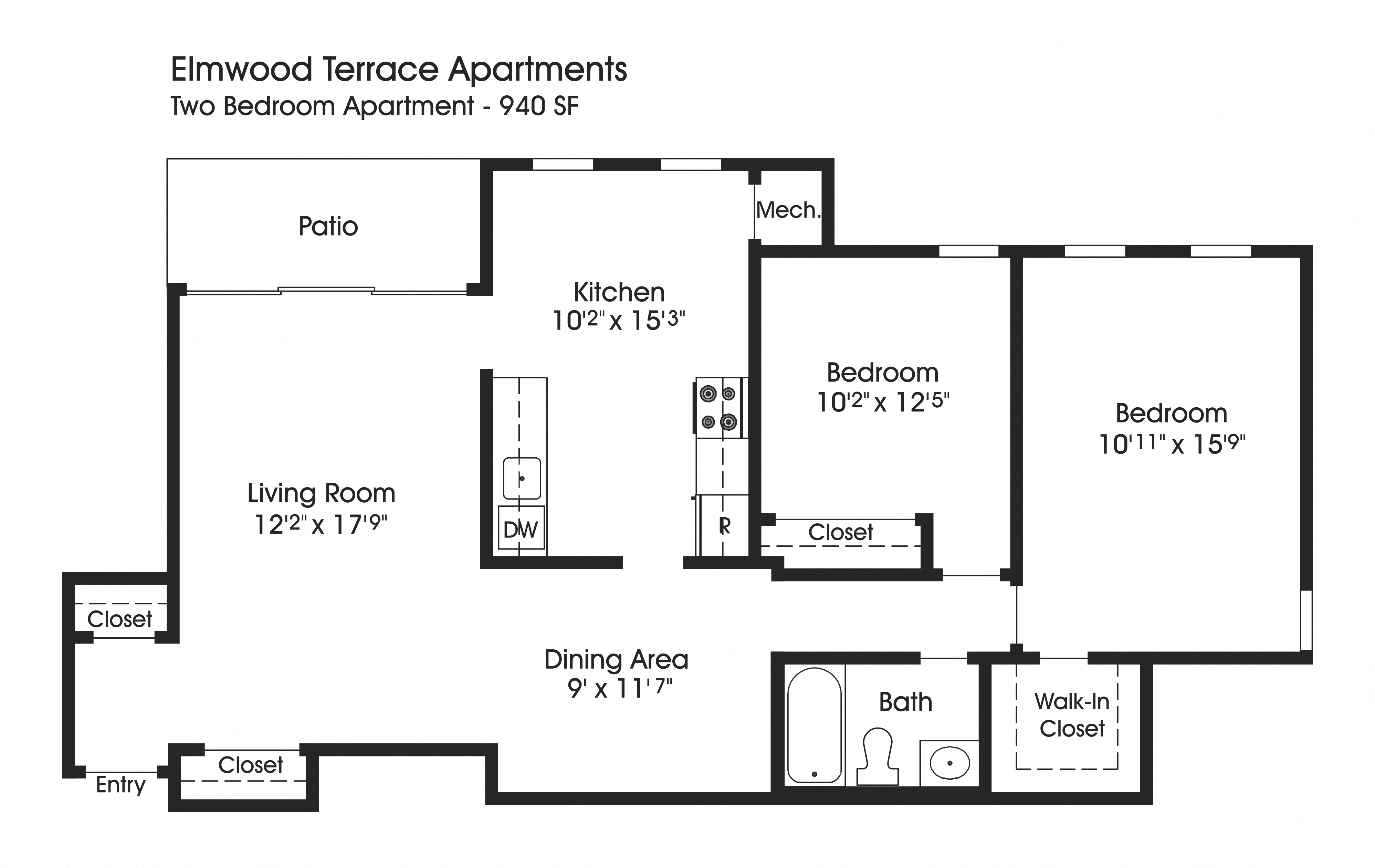 Floor plan for 2 beds, 1 bath, 960 sqft
